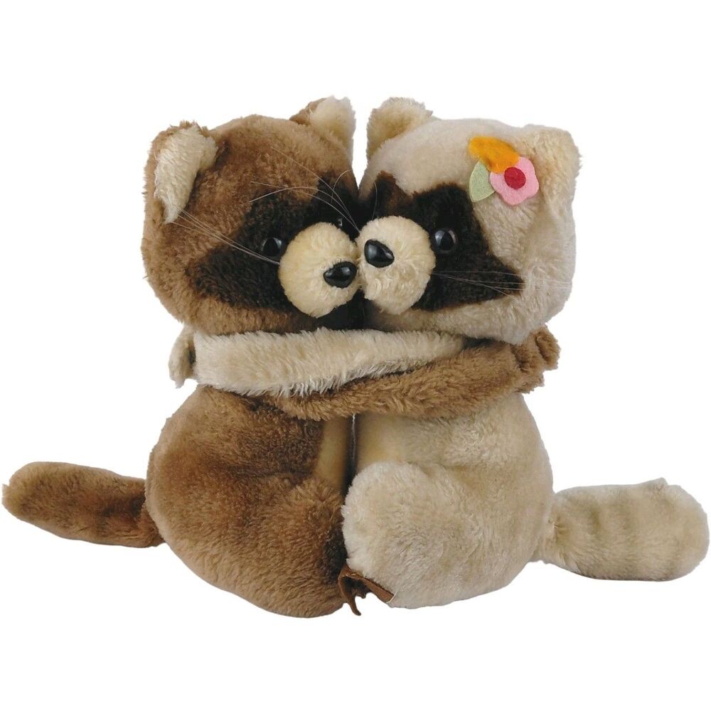 Dakin Hugging Racoons Vtg 1970s Set Of 2 Plush Nature Babies Korea 9" Tall